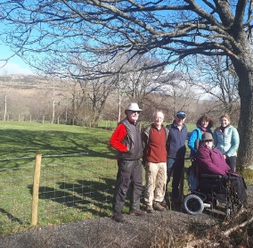 Volunteer Annie Wallen with (l-r) Husband James, Mike Jones from Bampton Trust, Jim Campbell from the Parish Council, Jan Darrall from Friends of the Lake District and Lake District National Park area ranger, Suzy Hankin at the newly completed path at Bampton