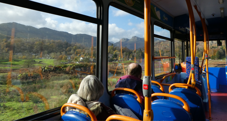 View from inside the 516 stagecoach bus looking out to the Langdale Pikes