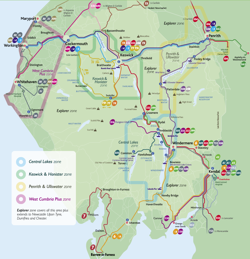 Map showing bus routes across the Lake District National Park