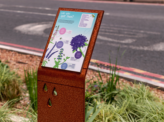 Interpretation sign amongst a planted flower bed.