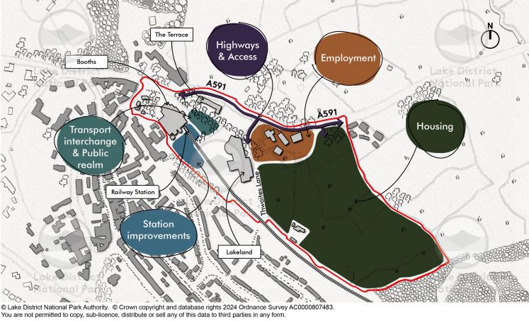 Image shows an illustration of the proposed transport interchange and public realm, the railway station improvements, highways and access, employment (office) space and land for housing