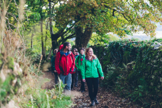 A group of people walking through a woodland path on a winters day