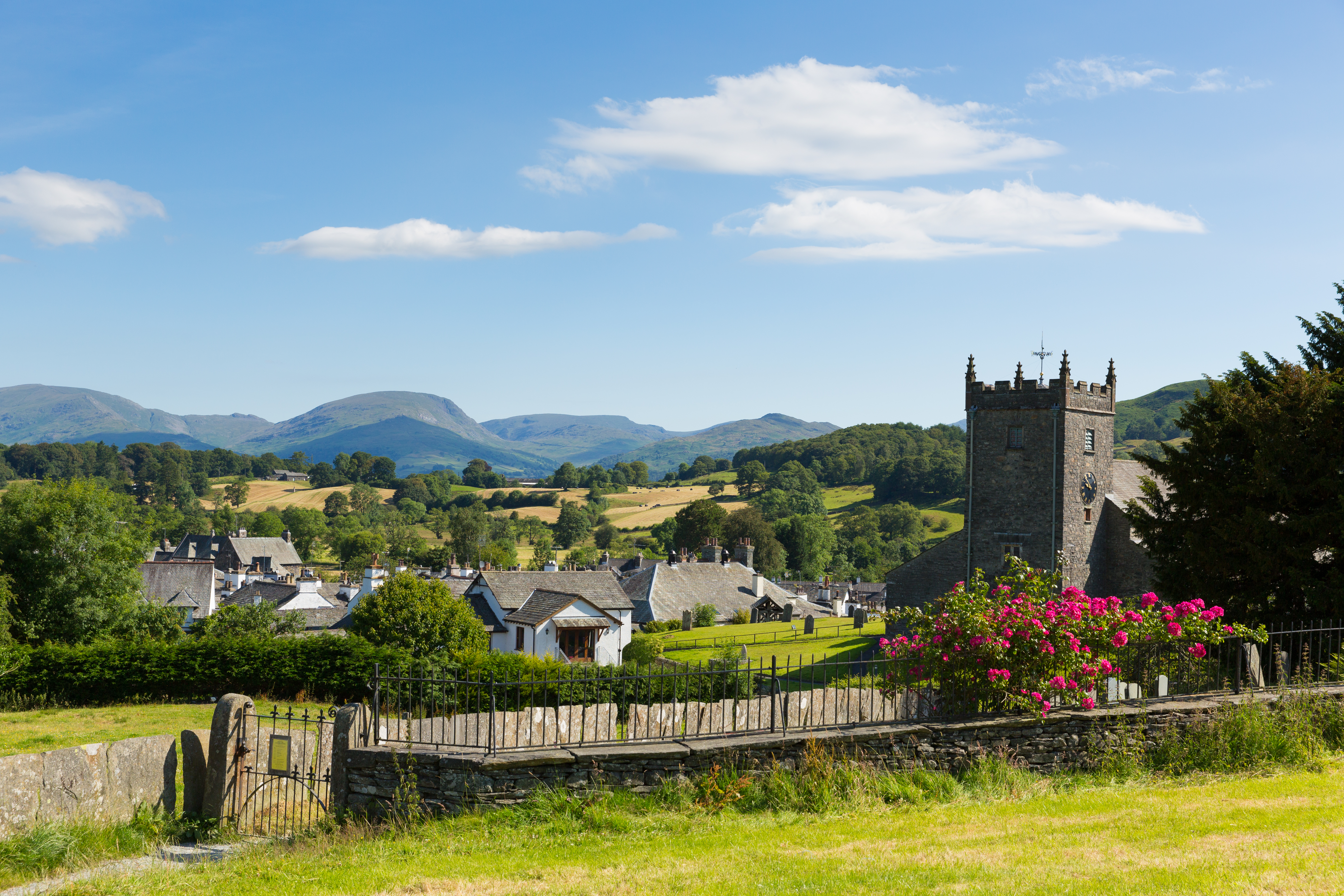 Hawkshead Church - village view