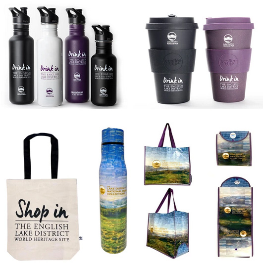 Lake District online shop products, coffee cups, water bottles and shopping bags.