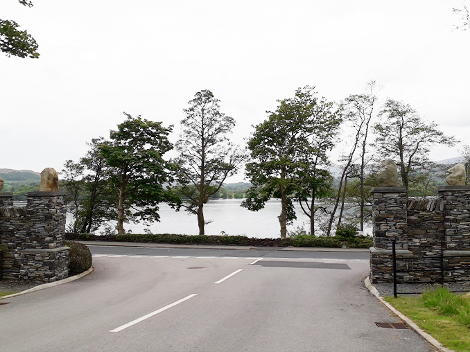 View from hotel entrance across road to Lake Windermere.