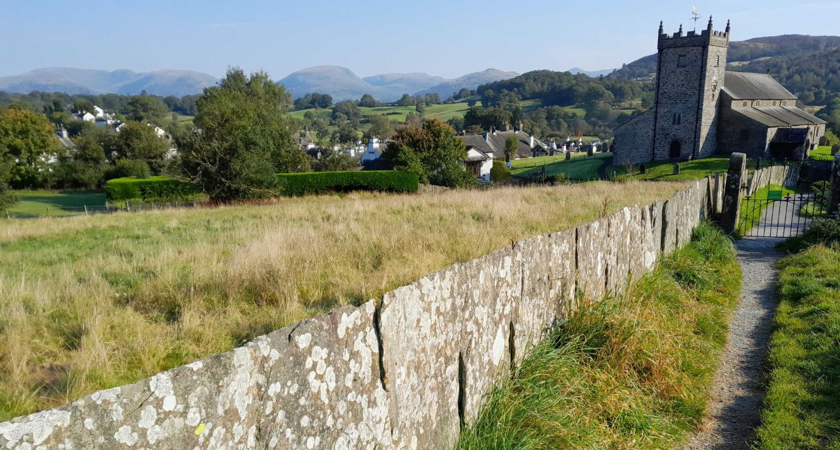 Hawkshead. Rare, centuries old, slate fences are features of the farming landscape in the central Lake District.