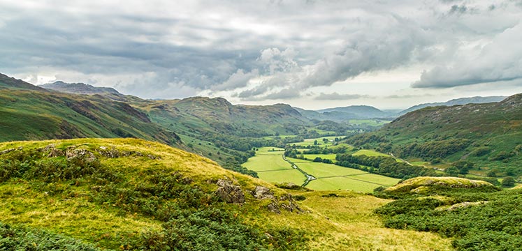 A flat bottomed valley with braken and trees on the hillsides