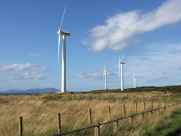 wind turbines with blue skies