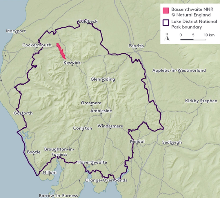 Bassenthwaite Lake within the lake district national park map