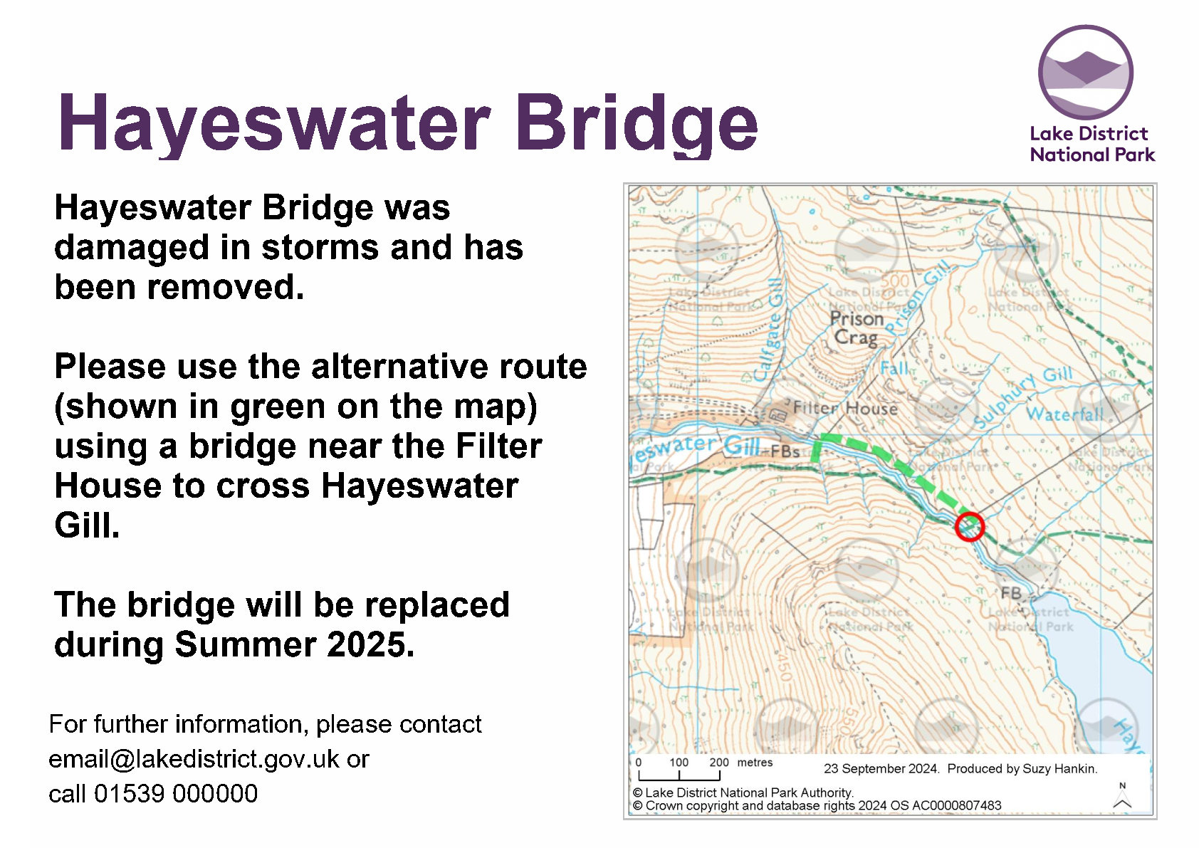 Site notice showing missing bridge at Hayeswater