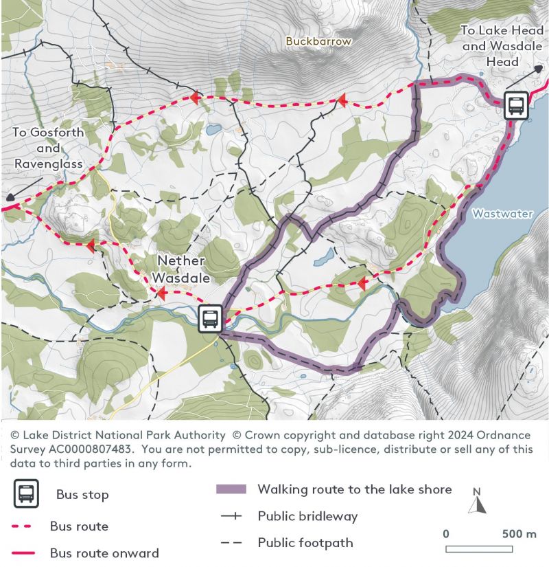 map showing the wasdale shuttlebus route and lakeshore walking route