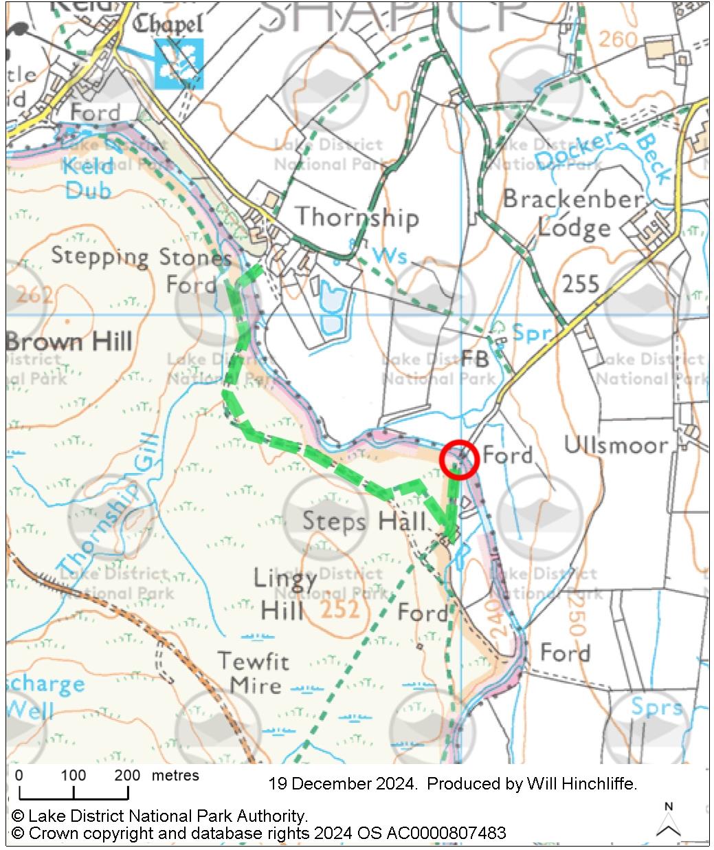 Map showing location of shifted stepping stones, and alternative route via Thornship stepping stones