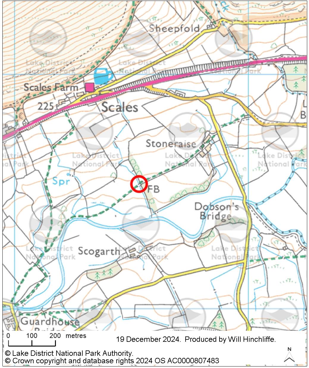 Map showing location of missing bridge near Stoneraise Farm