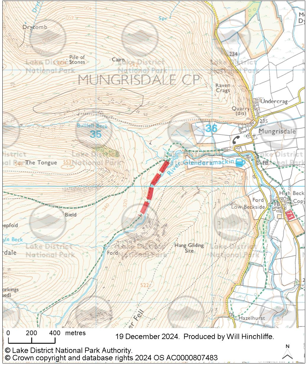 Mao showing section of footpath at Bannerdale alongside River Glenderamackin affected by riverbank collapses