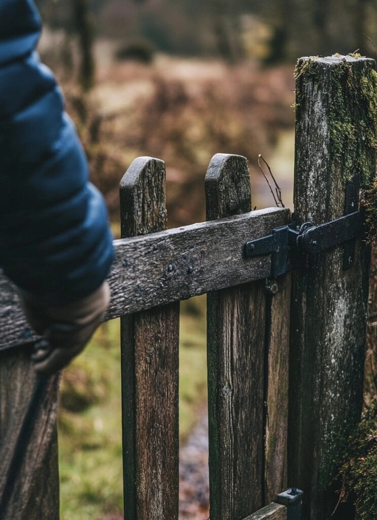 close up of wooden gate being closed with blurred brown vegetation behind
