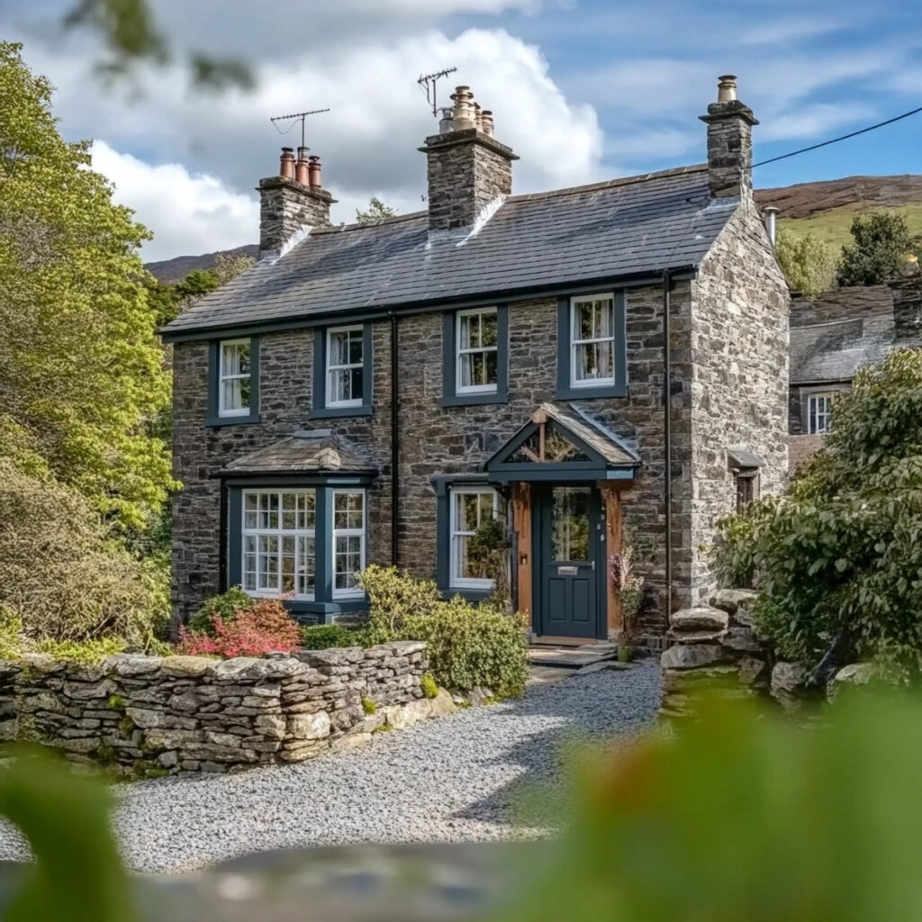 Two large semi-detached two storey slate lake district cottages with well kept gardens, a dry stone wall, gravel driveway and surrounding trees