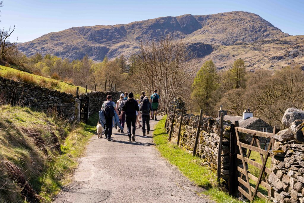 group of people walking on a path with blue skies and mountain in the background, on a Lake District National Park Guided Walk.