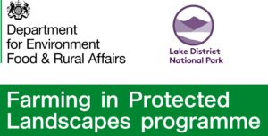 Defra logo, lake district national park authority logo and farming in protected landscapes logo