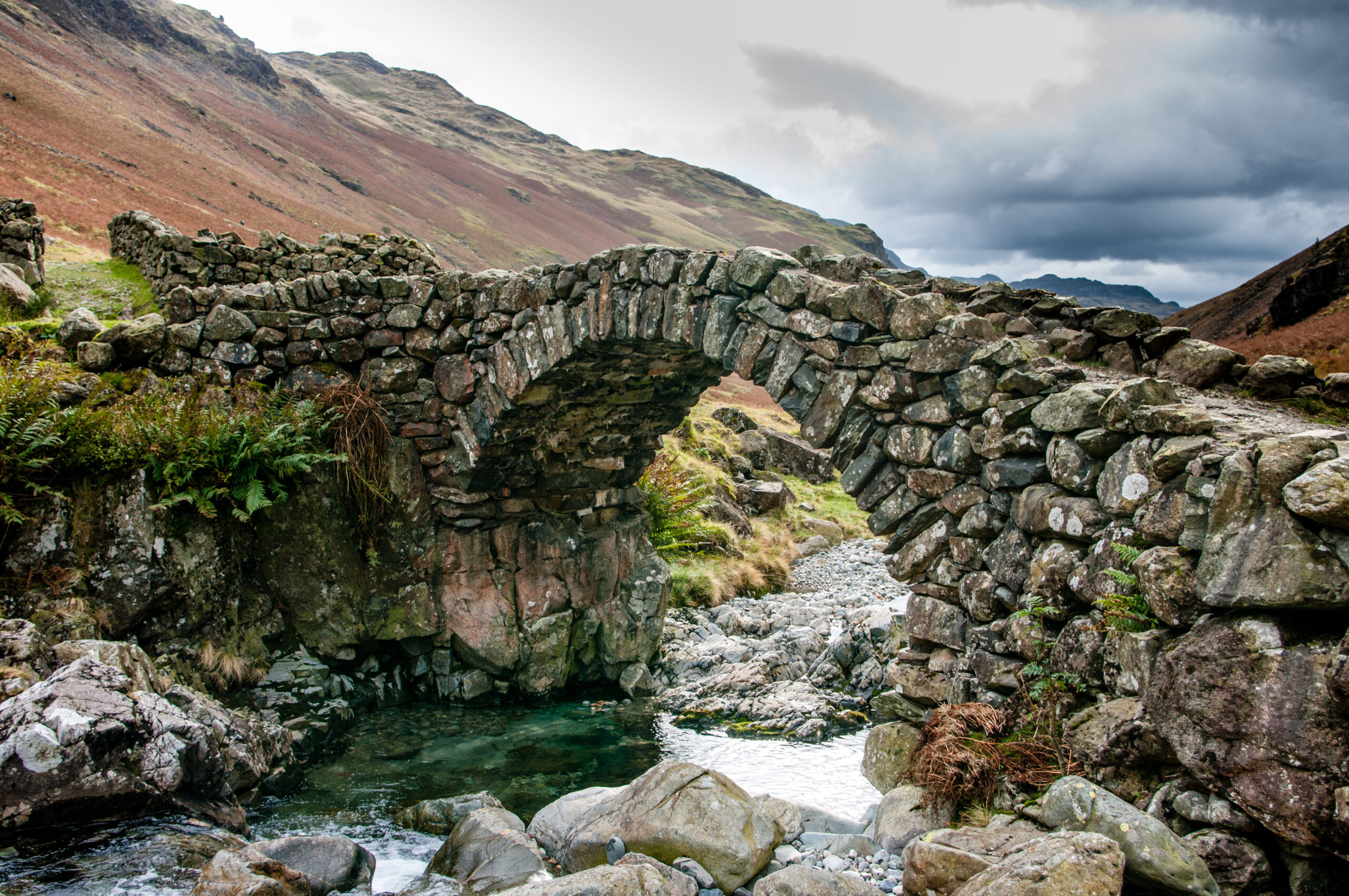 An image of a stone bridge in Eskdale, Lake District, with fells behind and a blue grey sky