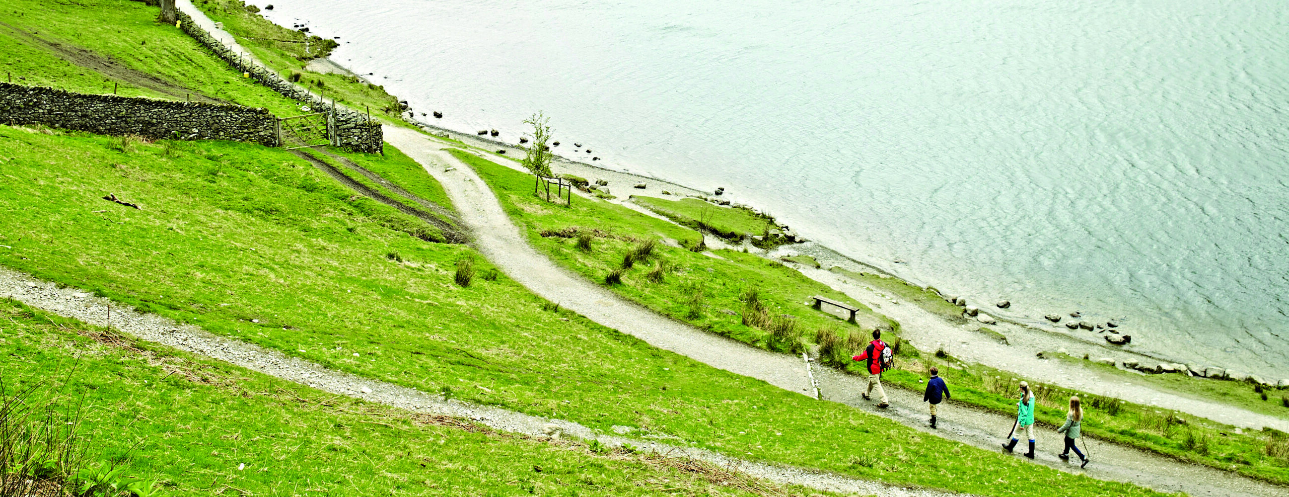 aerial view of grassy lake shore with white stone paths next to light blue lake. people walking on the paths