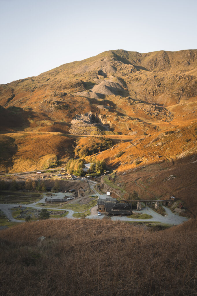 Coniston coppermine valley with the sun hitting on the fell