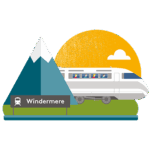 Illustration of train passing a mountain