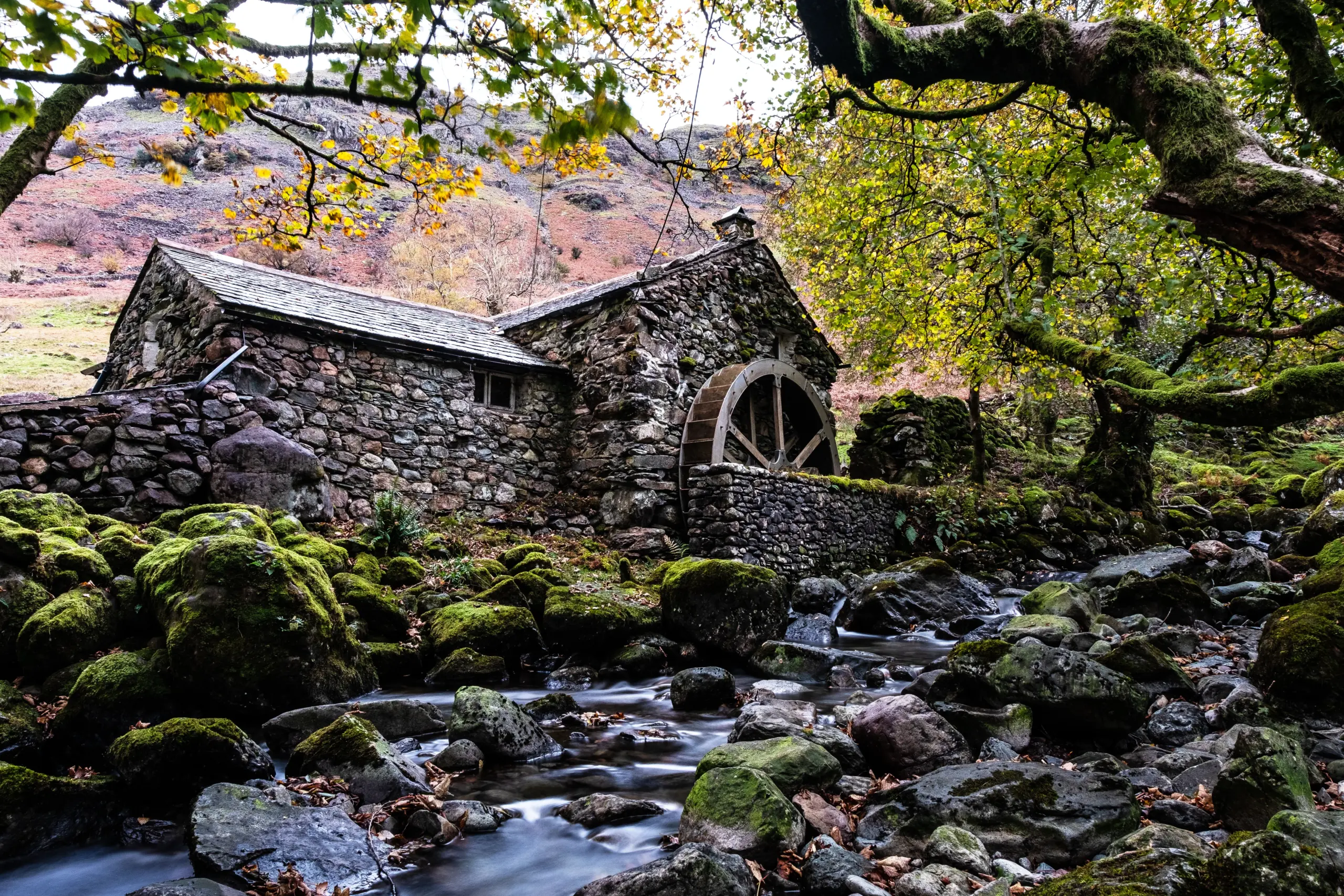 Borrowdale Mill stone building nested in a mossy woodland over a brook