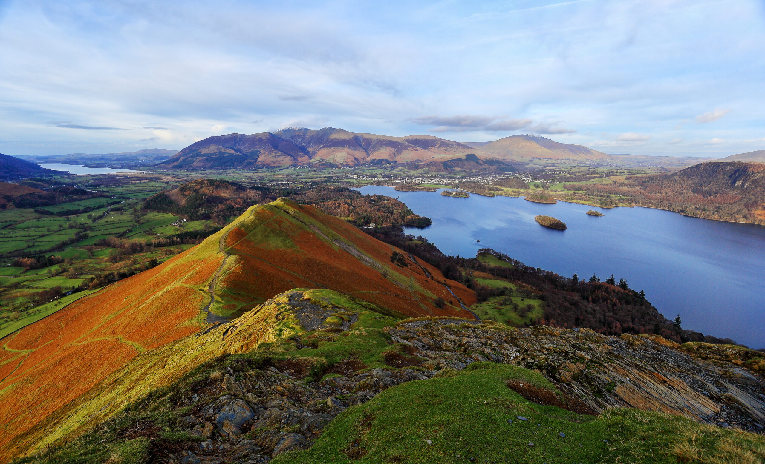 landscape view of catbells and derwent water on a sunny day