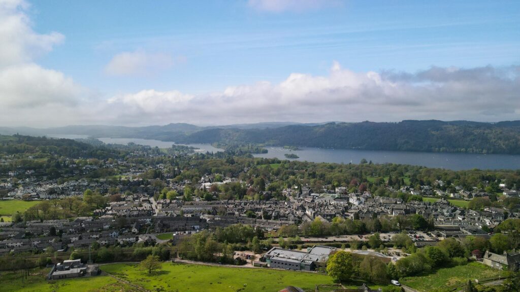 aerial view of bowness town on a summers day