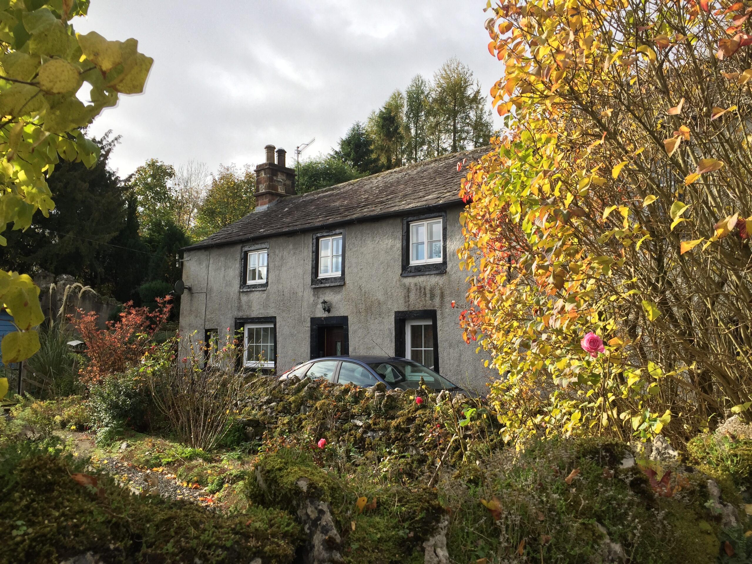 beige limewash two storey detached house amongst autumnal trees and shrub garden