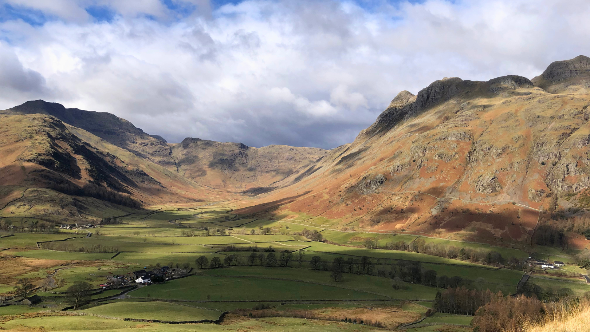 Great Langdale valley and Langdale pikes