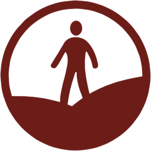open access infographic badge, clear circle with thick outline, walking pedestrian and hill ground in burgundy 