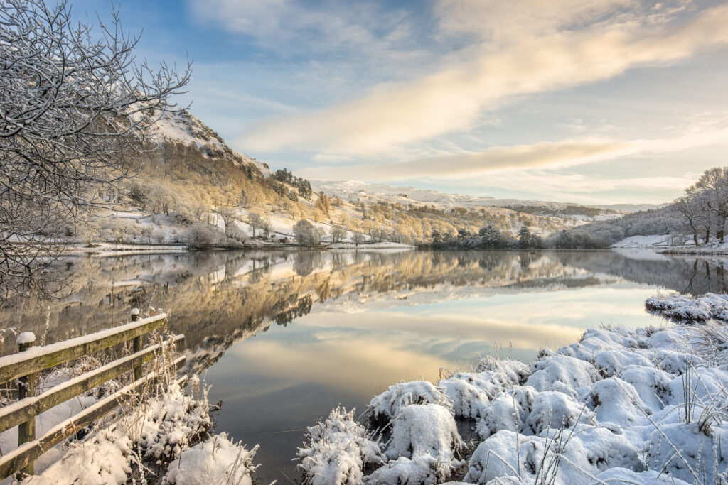 rydal water lake surrounded by snow covered grasses, reeds, trees, a close wooden fence, distant woodland and low hill. The snow landscape and evening blue partly cloudy sky is reflected in the still lake water