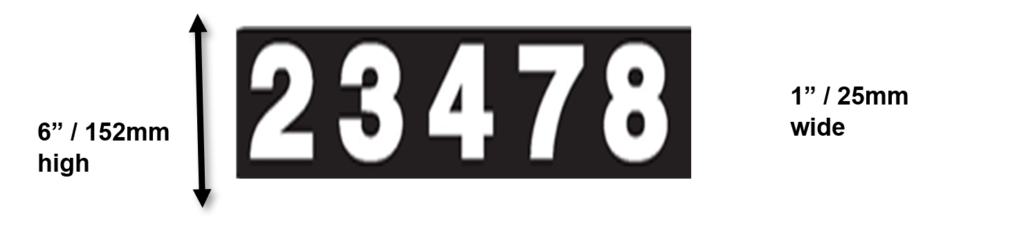 Infographic of annual mark. Black text box with bold numbers reading '23478'. Box height arrow reads 6" / 152 mm and 1" / 25 mm wide