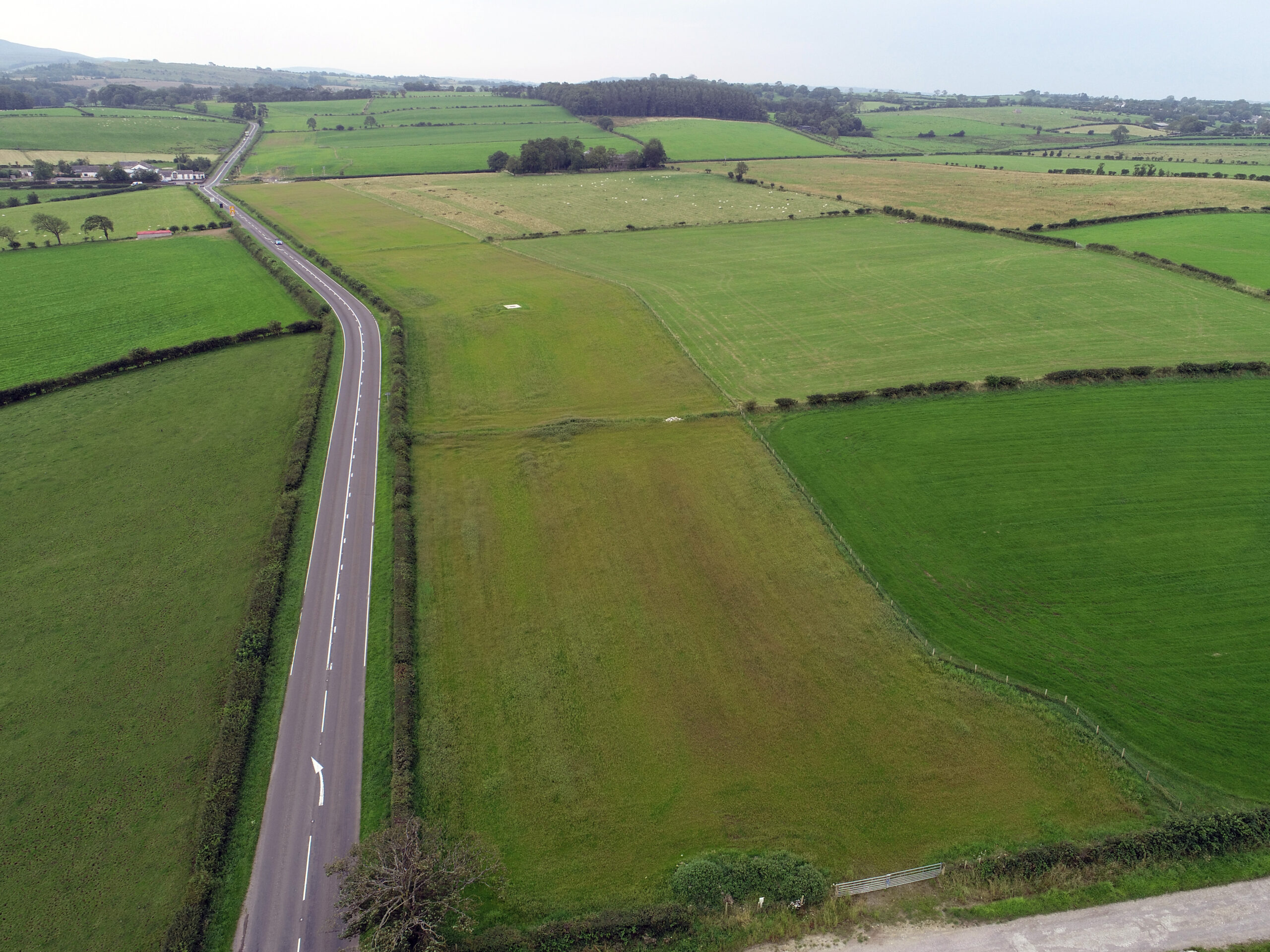 flat patchwork of green fields divided by hedgerows, trees and drystone walls. tarmac a road runs between fields in a straight line