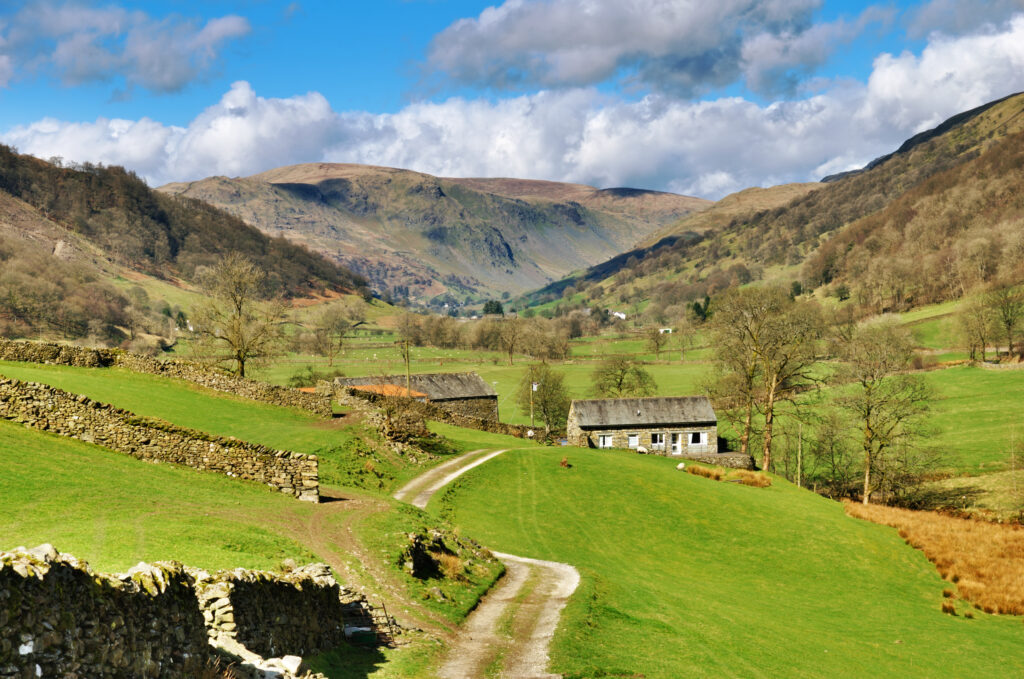 landscape view of longsleddale valley. lush green fields intersected by dry stone walls, a vehicle track, farm house and trees. distant fells in backdrop
