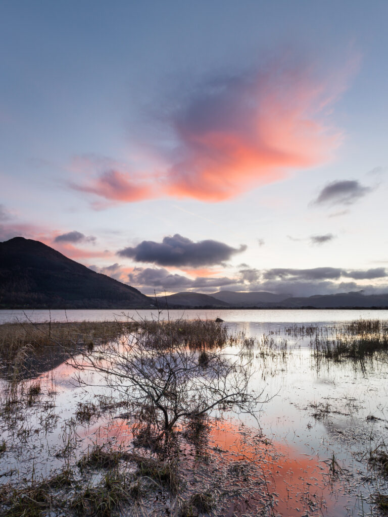 glassy bassenthwaite lake shallow water at sunset