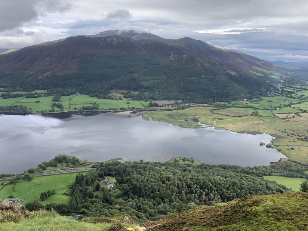 aerial view of bassenthwaite lake surrounded by green fields, fells and woodland