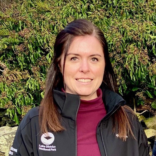 Claire Foster, Farming Officer, who has dark brown shoulder length hair and wears a branded LDNPA fleece