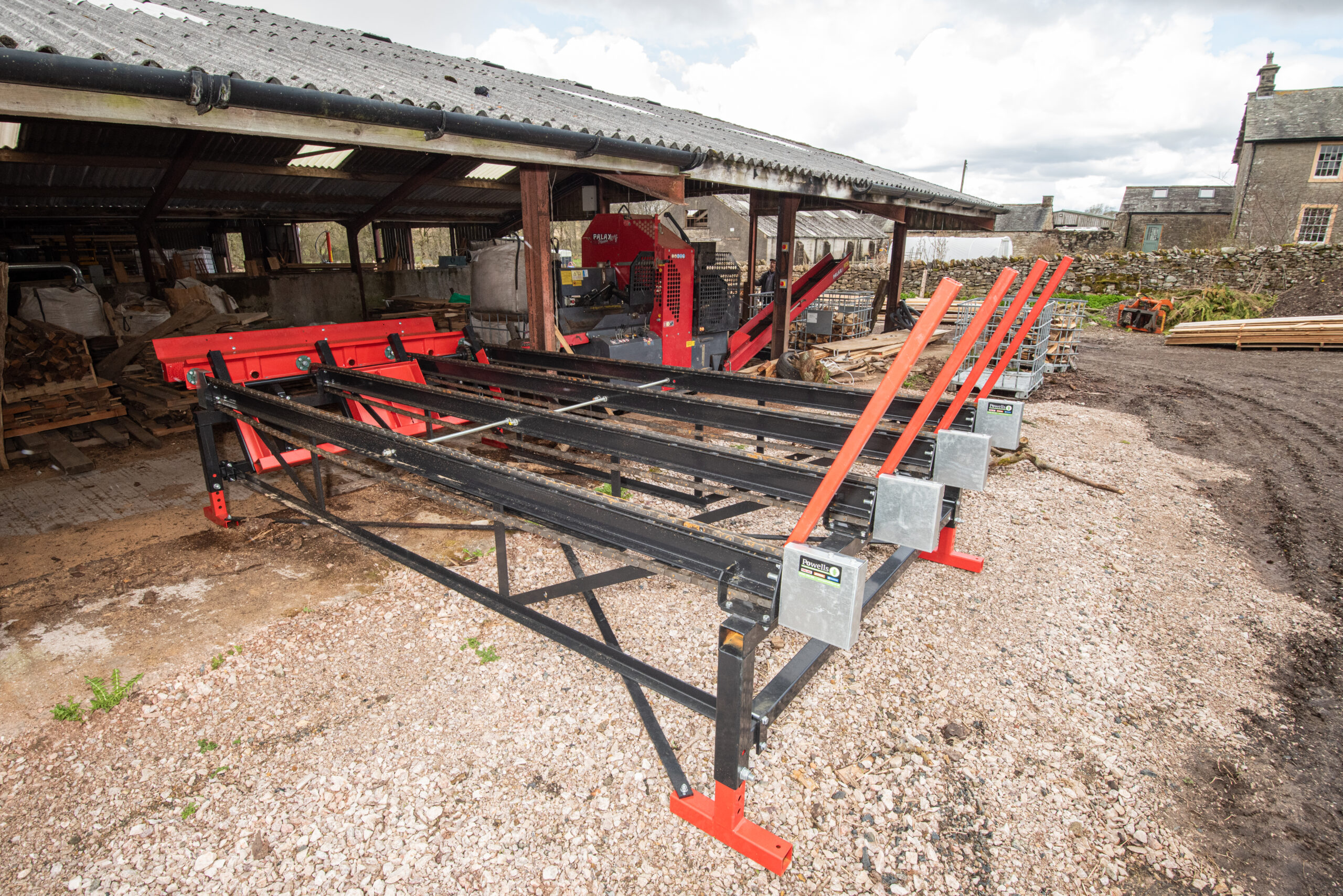 Farm machinery in a yard.