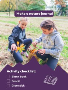 A graphic showing young children playing with leaves and activity equipment to make a journal