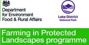 Defra logo, lake district national park authority logo and farming in protected landscapes logo