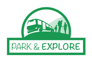 park and explore green logo infographic with bus and walkers