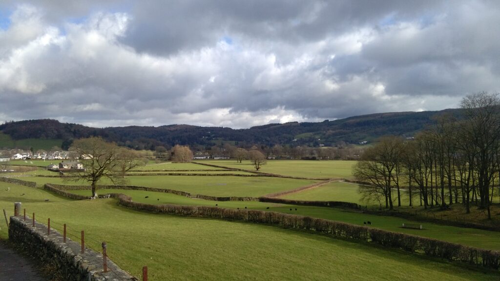 green fields intersected by dry stone wall, hedgerows and small patches of woodland. low fells in background