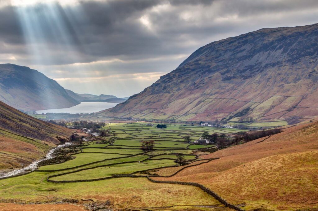 Sun beams shining down on the Wasdale valley
