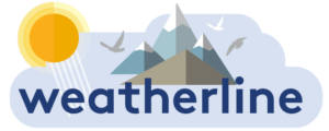 weatherline logo. simple 2d infographic, light blue cloud shape background, mountain graphics, birds and weatherline text in dark blue