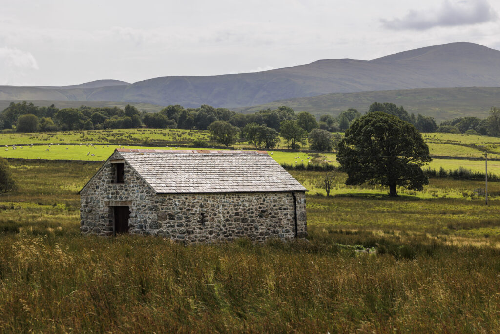 small, well kept stone barn in tall grass field with fields, trees and low fell in backdrop