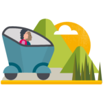 A graphic of a small car with people in two mountain shapes and a road