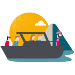 graphic of a boat with people on board with a sun and mountain graphic behind