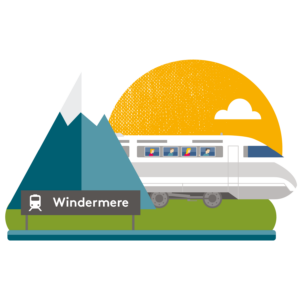 Graphic of a mountain and train with a Windermere sign